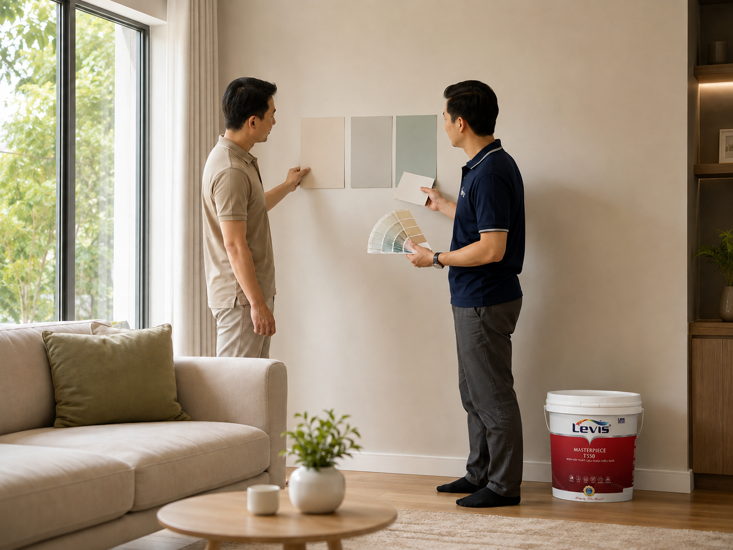 Trao đổi màu sơn phòng khách theo bề mặt tường thực tế