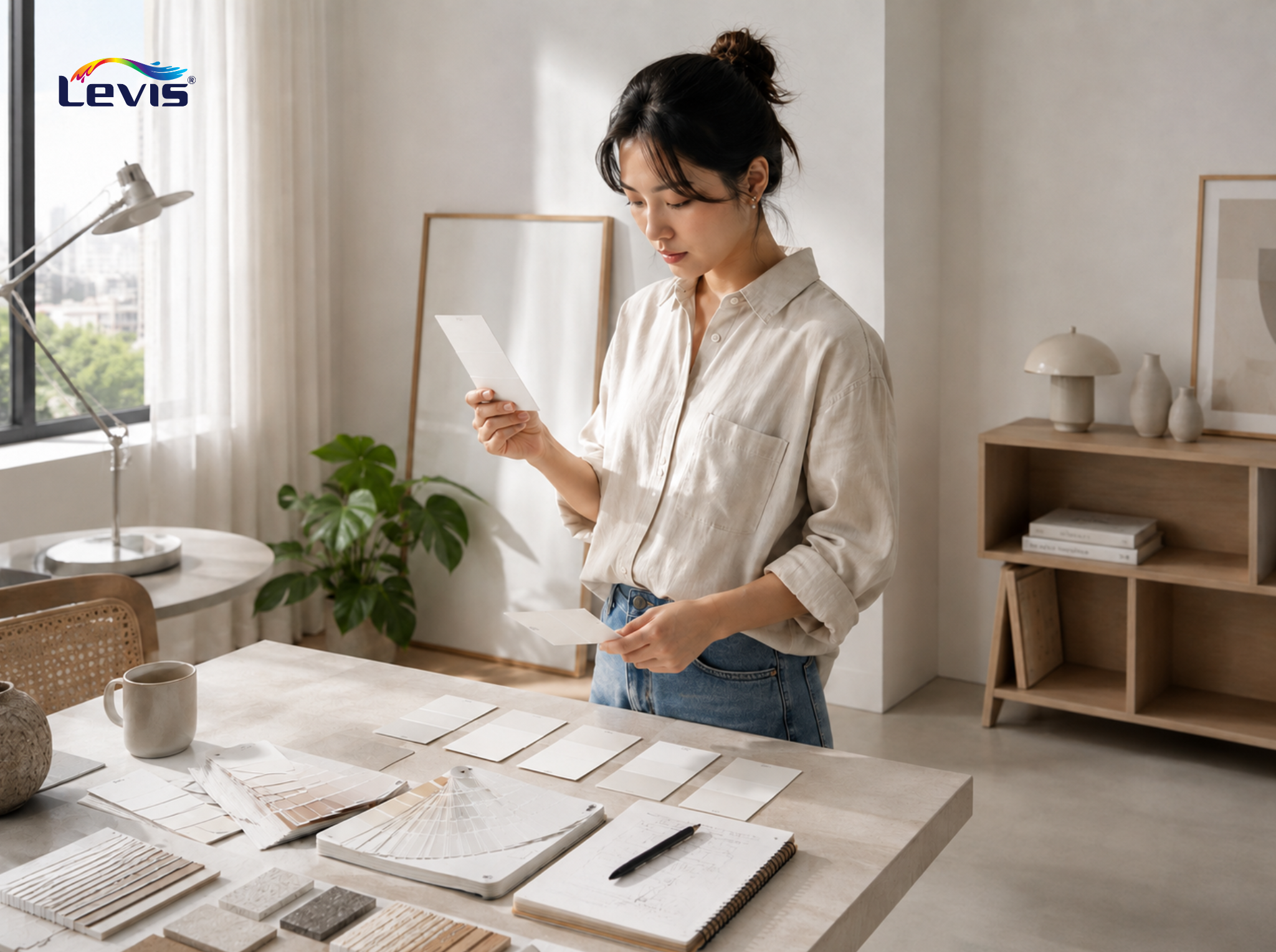 Đối chiếu mẫu sơn trắng với vật liệu hoàn thiện