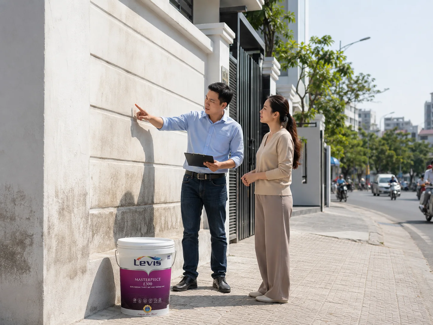 Kiểm tra bụi và vết bẩn trên tường gần đường