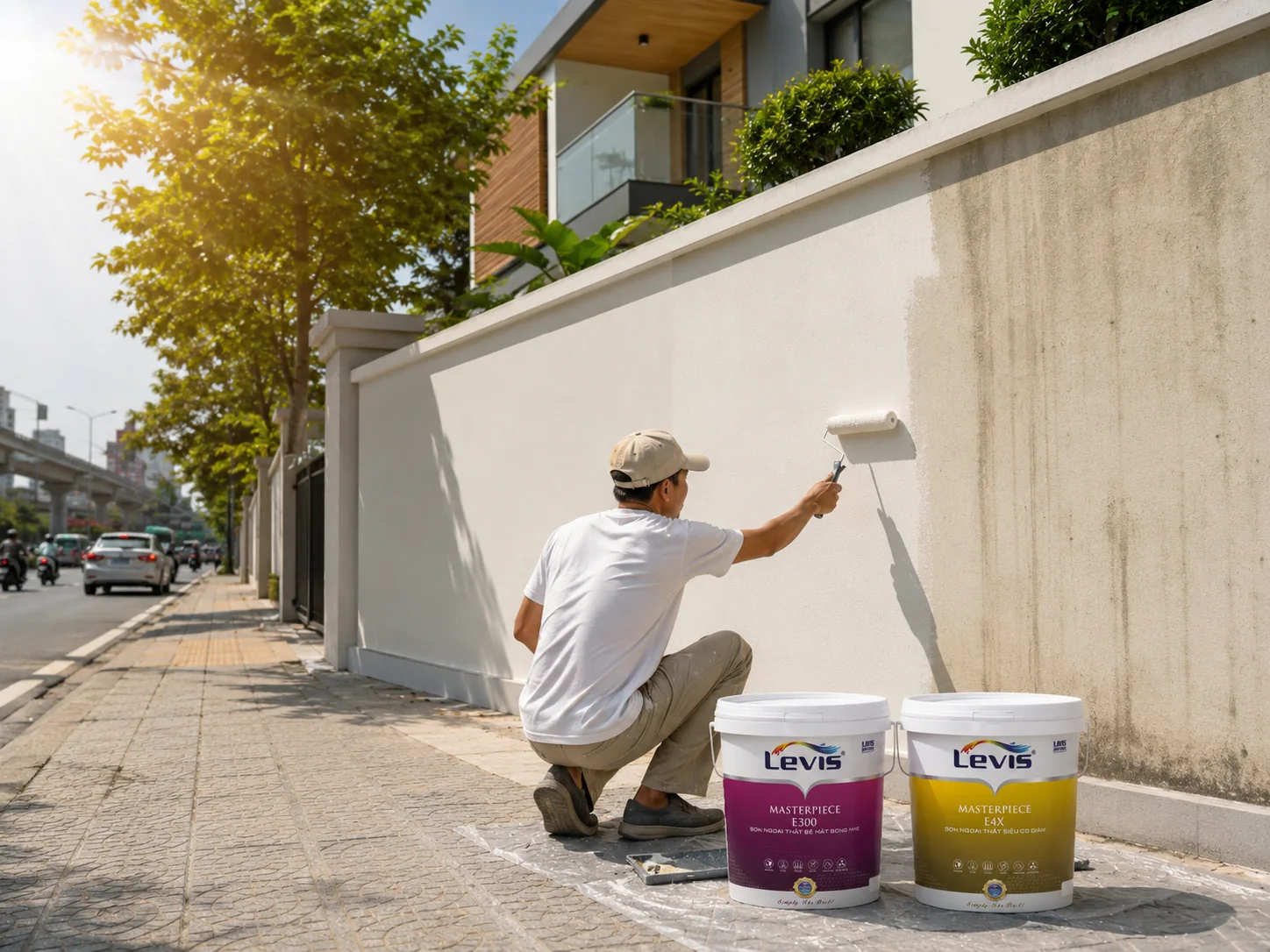 Thi công sơn ngoại thất cho tường sát đường