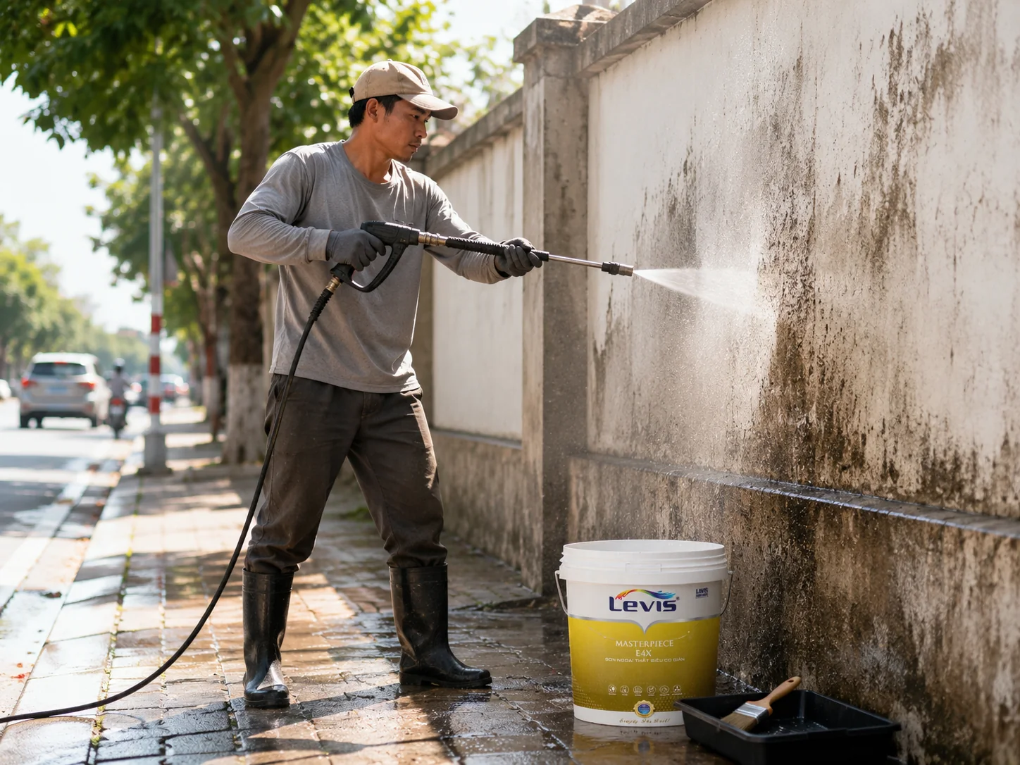 Vệ sinh tường ngoài trời trước khi sơn lại