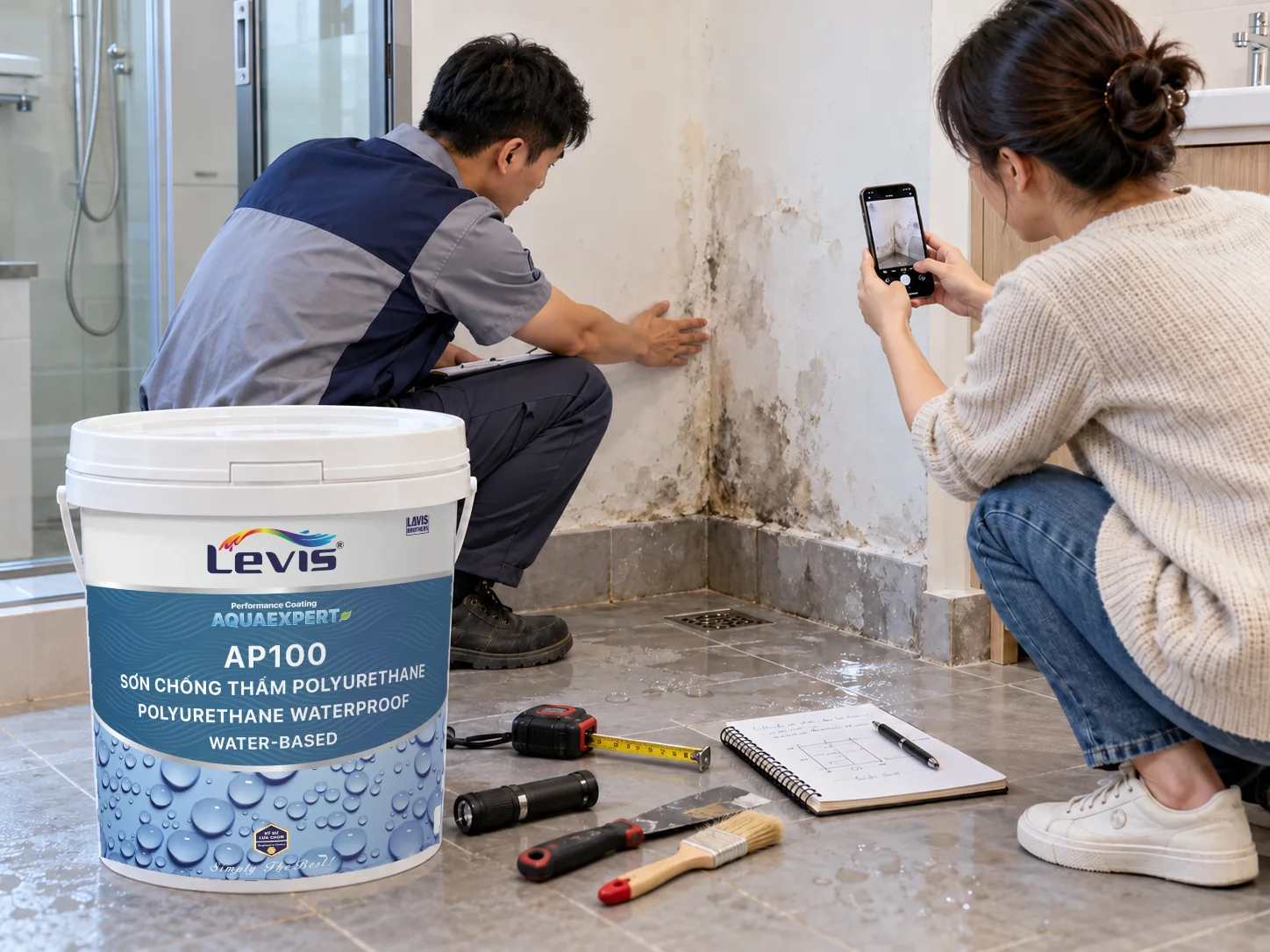 Minh họa chụp ảnh vùng tường hư hỏng để cung cấp hiện trạng